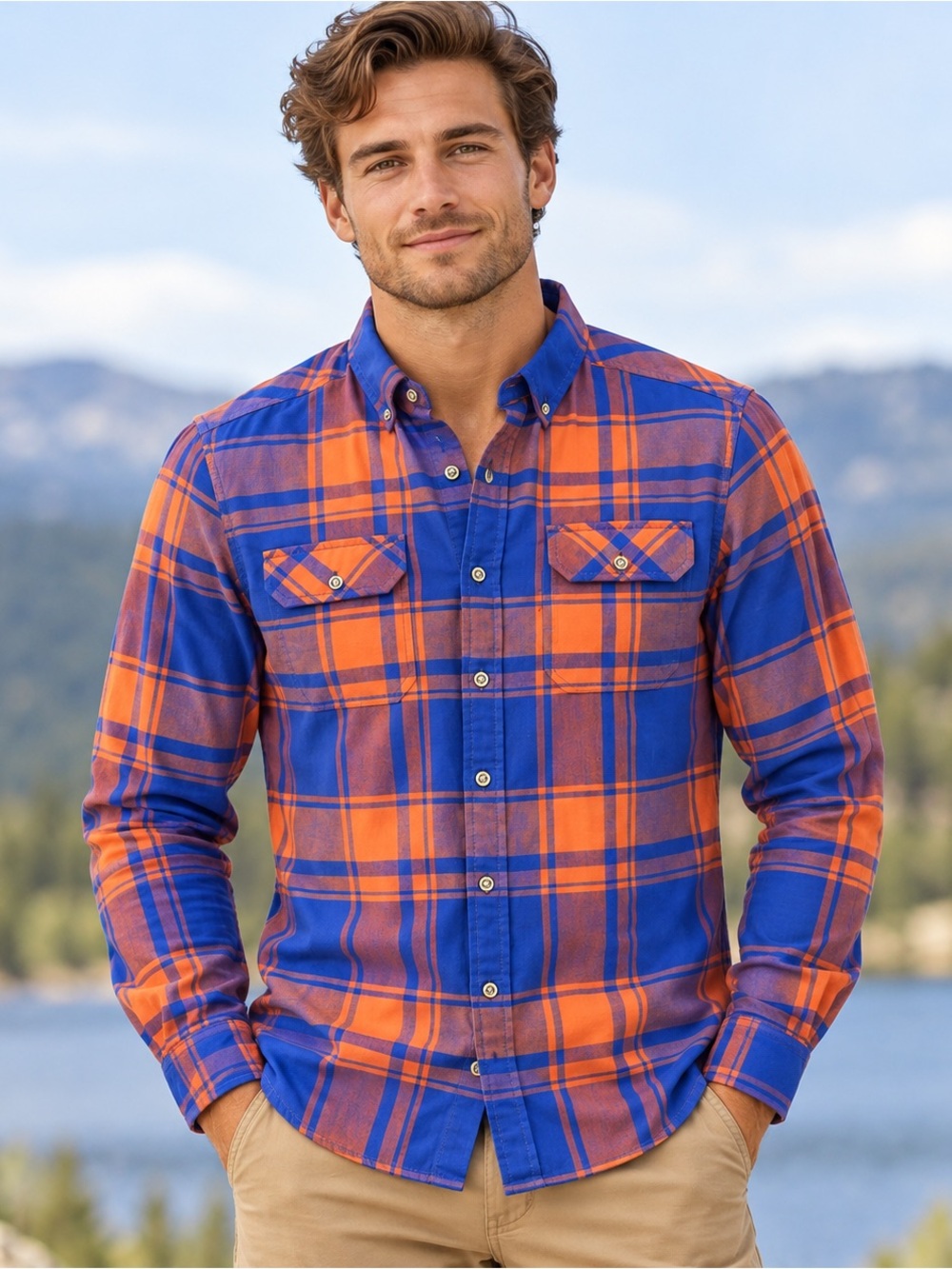 Chubbies Wanderers Club Shirt Mens Small Plaid Button Down Outdoors Orange Blue
